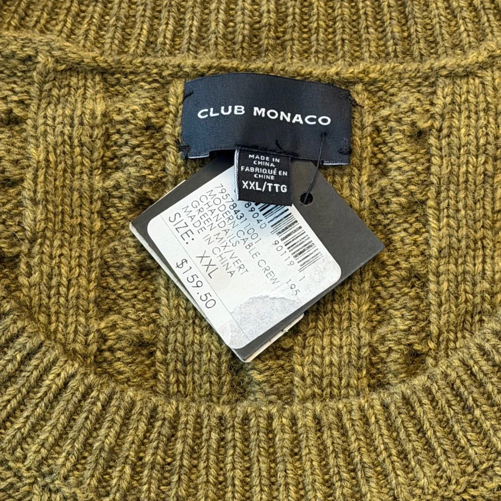 Club Monaco Mens Modern Cable Crew Sweater XXL Olive Charcoal Lambswool NWT